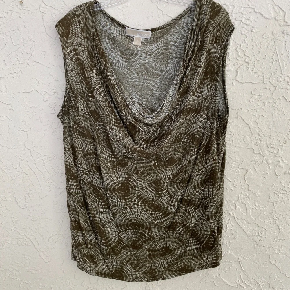 Michael Kors Tank Top Women XL Brown White Tie Dye Cowl Neck Sleeveless Rayon‎